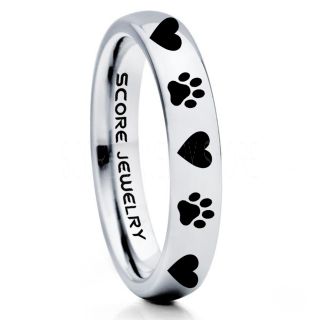 Puppy Paws Ring, Puppy Paws Wedding Band, 4mm Silver Tungsten Ring, Silver Wedding Band, Silver Tungsten Band, Puppy Paws Ring