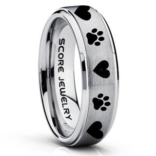 Puppy Paws Ring, Puppy Paws Wedding Band, 6mm Silver Tungsten Ring, Silver Wedding Band, Silver Tungsten Band, Puppy Paws Ring