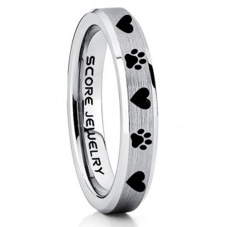 Puppy Paws Ring, Puppy Paws Wedding Band, 4mm Silver Tungsten Ring, Silver Wedding Band, Silver Tungsten Band, Puppy Paws Ring