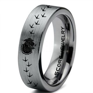Wild Turkey Ring, Turkey Hunting Ring, Silver Tungsten Ring, Silver Wedding Band, Hunting Ring, Turkey Tracks Wedding Band, Turkey Tracks Ring