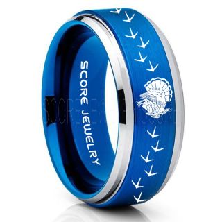 Wild Turkey Ring, Turkey Hunting Ring, Blue Tungsten Ring, Blue Wedding Band, Hunting Ring, Turkey Tracks Wedding Band, Turkey Tracks Ring