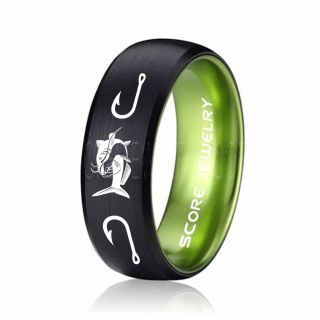 Fishing Ring, Catfish Ring, Black Tungsten Ring, Black Wedding Band, Hunting Ring, Fish Hooks Ring, Green Wedding Band, Green Ring, Green Tungsten ring