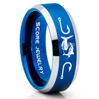 Catfish Ring, Fishing Ring, Blue Catfish Ring, Blue Tungsten Ring, Blue Wedding Band, Hunting Ring, Fish Hooks Ring, Fisherman Ring, Blue Tungsten Ring