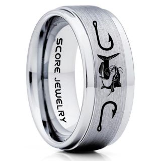 Catfish Ring, Fishing Ring, Silver Catfish Ring, Silver Tungsten Ring, Silver Wedding Band, Hunting Ring, Fish Hooks Ring, Fisherman Ring, Silver Tungsten Ring