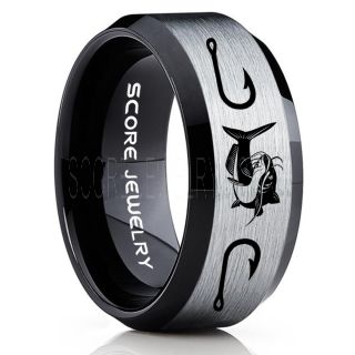Catfish Ring, Fishing Ring, Black Catfish Ring, Black Tungsten Ring, Black Wedding Band, Hunting Ring, Fish Hooks Ring, Fisherman Ring, Black Tungsten Ring