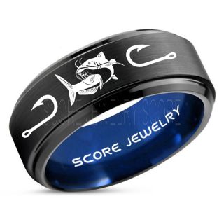 Catfish Ring, Fishing Ring, Black Catfish Ring, Black Tungsten Ring, Black Wedding Band, Hunting Ring, Fish Hooks Ring, Fisherman Ring, Black Tungsten Ring