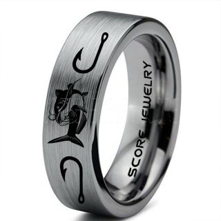 Catfish Ring, Fishing Ring, Silver Catfish Ring, Silver Tungsten Ring, Silver Wedding Band, Hunting Ring, Fish Hooks Ring, Fisherman Ring, Silver Tungsten Ring