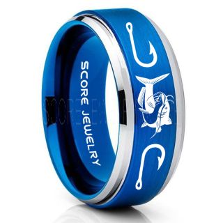 Catfish Ring, Fishing Ring, Blue Catfish Ring, Blue Tungsten Ring, Blue Wedding Band, Hunting Ring, Fish Hooks Ring, Fisherman Ring, Blue Tungsten Ring