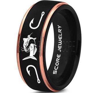 Catfish Ring, Fishing Ring, Black Catfish Ring, Black Tungsten Ring, Black Wedding Band, Hunting Ring, Fish Hooks Ring, Fisherman Ring, Black Tungsten Ring
