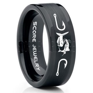 Catfish Ring, Fishing Ring, Black Catfish Ring, Black Tungsten Ring, Black Wedding Band, Hunting Ring, Fish Hooks Ring, Fisherman Ring, Black Tungsten Ring