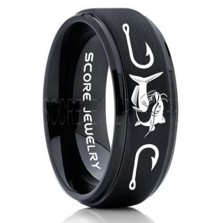 Catfish Ring, Fishing Ring, Black Catfish Ring, Black Tungsten Ring, Black Wedding Band, Hunting Ring, Fish Hooks Ring, Fisherman Ring, Black Tungsten Ring
