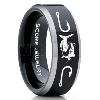 Catfish Ring, Fishing Ring, Black Catfish Ring, Black Tungsten Ring, Black Wedding Band, Hunting Ring, Fish Hooks Ring, Fisherman Ring, Black Tungsten Ring