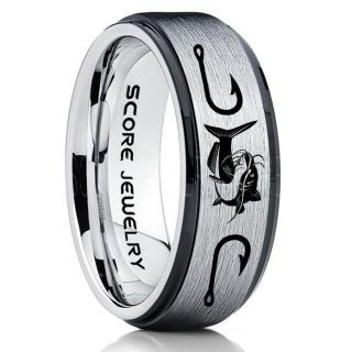 Catfish Ring, Fishing Ring, Silver Catfish Ring, Silver Tungsten Ring, Silver Wedding Band, Hunting Ring, Fish Hooks Ring, Fisherman Ring, Silver Tungsten Ring