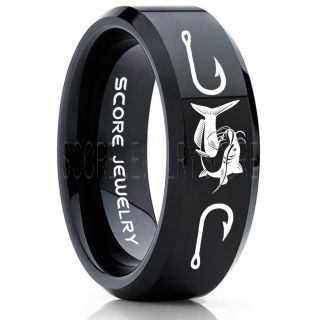 Catfish Ring, Fishing Ring, Black Catfish Ring, Black Tungsten Ring, Black Wedding Band, Hunting Ring, Fish Hooks Ring, Fisherman Ring, Black Tungsten Ring