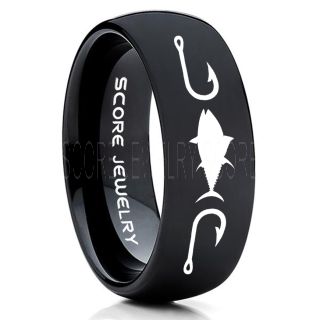 Tuna Ring, Bluefin Tuna Ring, Tuna Jewelry, Fishing Ring, Fish Hook Ring, Black Tungsten Ring, Black Wedding Band, Hunting Ring, Fish Hooks Wedding band