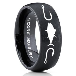 Tuna Ring, Bluefin Tuna Ring, Tuna Jewelry, Fishing Ring, Fish Hook Ring, Black Tungsten Ring, Black Wedding Band, Hunting Ring, Fish Hooks Wedding band