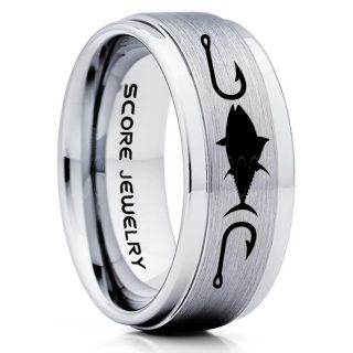 Tuna Ring, Bluefin Tuna Ring, Tuna Jewelry, Fishing Ring, Fish Hook Ring, Silver Tungsten Ring, Silver Wedding Band, Hunting Ring, Fish Hooks Wedding band