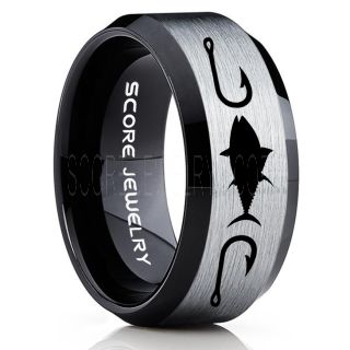 Tuna Ring, Bluefin Tuna Ring, Tuna Jewelry, Fishing Ring, Fish Hook Ring, Black Tungsten Ring, Black Wedding Band, Hunting Ring, Fish Hooks Wedding band
