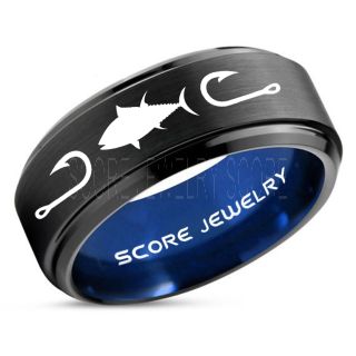Tuna Ring, Bluefin Tuna Ring, Tuna Jewelry, Fishing Ring, Fish Hook Ring, Black Tungsten Ring, Black Wedding Band, Hunting Ring, Fish Hooks Wedding band