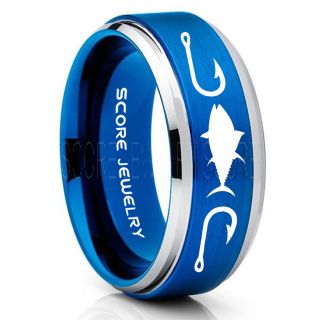 Tuna Ring, Bluefin Tuna Ring, Tuna Jewelry, Fishing Ring, Fish Hook Ring, Blue Tungsten Ring, Blue Wedding Band, Hunting Ring, Fish Hooks Wedding band
