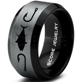 Tuna Ring, Bluefin Tuna Ring, Tuna Jewelry, Fishing Ring, Fish Hook Ring, Black Tungsten Ring, Black Wedding Band, Hunting Ring, Fish Hooks Wedding band