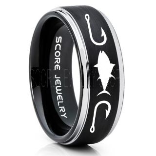 Tuna Ring, Bluefin Tuna Ring, Tuna Jewelry, Fishing Ring, Fish Hook Ring, Black Tungsten Ring, Black Wedding Band, Hunting Ring, Fish Hooks Wedding band