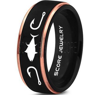Tuna Ring, Bluefin Tuna Ring, Tuna Jewelry, Fishing Ring, Fish Hook Ring, Black Tungsten Ring, Black Wedding Band, Hunting Ring, Fish Hooks Wedding band