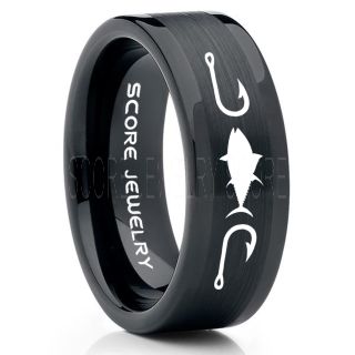 Tuna Ring, Bluefin Tuna Ring, Tuna Jewelry, Fishing Ring, Fish Hook Ring, Black Tungsten Ring, Black Wedding Band, Hunting Ring, Fish Hooks Wedding band