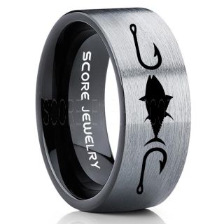 Tuna Ring, Bluefin Tuna Ring, Tuna Jewelry, Fishing Ring, Fish Hook Ring, Black Tungsten Ring, Black Wedding Band, Hunting Ring, Fish Hooks Wedding band