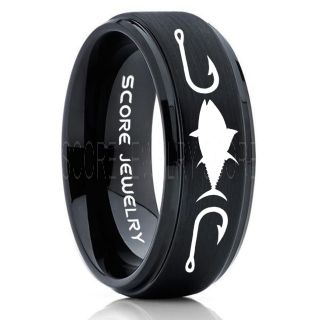 Tuna Ring, Bluefin Tuna Ring, Tuna Jewelry, Fishing Ring, Fish Hook Ring, Black Tungsten Ring, Black Wedding Band, Hunting Ring, Fish Hooks Wedding band