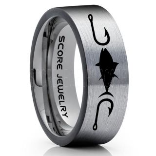 Tuna Ring, Bluefin Tuna Ring, Tuna Jewelry, Fishing Ring, Fish Hook Ring, Black Tungsten Ring, Black Wedding Band, Hunting Ring, Fish Hooks Wedding band