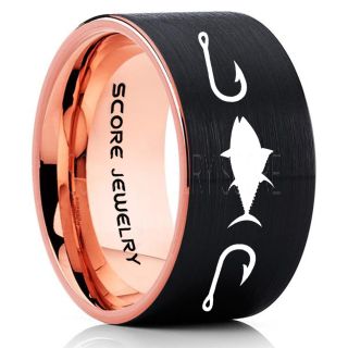 Tuna Ring, Bluefin Tuna Ring, Tuna Jewelry, Fishing Ring, Fish Hook Ring, Black Tungsten Ring, Black Wedding Band, Hunting Ring, Fish Hooks Wedding band