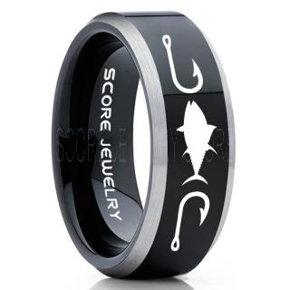 Tuna Ring, Bluefin Tuna Ring, Tuna Jewelry, Fishing Ring, Fish Hook Ring, Black Tungsten Ring, Black Wedding Band, Hunting Ring, Fish Hooks Wedding band