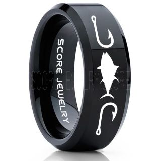 Tuna Ring, Bluefin Tuna Ring, Tuna Jewelry, Fishing Ring, Fish Hook Ring, Black Tungsten Ring, Black Wedding Band, Hunting Ring, Fish Hooks Wedding band