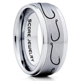 Fishing Ring, Fish Hook Ring, Fisherman Ring, Silver Tungsten Ring, Silver Wedding Band, Hunting Ring, Fish Hooks Wedding Band, Outdoorsman Ring, Fishing Wedding Ring