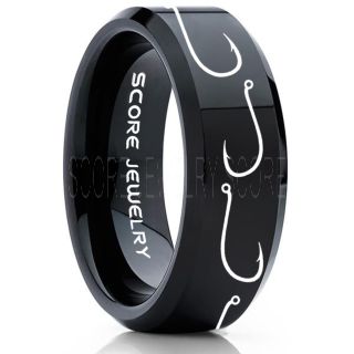 Fishing Ring, Fish Hook Ring, Fisherman Ring, Black Tungsten Ring, Black Wedding Band, Hunting Ring, Fish Hooks Wedding Band, Outdoorsman Ring, Fishing Wedding Ring