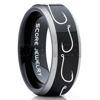 Fishing Ring, Fish Hook Ring, Fisherman Ring, Black Tungsten Ring, Black Wedding Band, Hunting Ring, Fish Hooks Wedding Band, Outdoorsman Ring, Fishing Wedding Ring