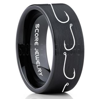 Fishing Ring, Fish Hook Ring, Fisherman Ring, Black Tungsten Ring, Black Wedding Band, Hunting Ring, Fish Hooks Wedding Band, Outdoorsman Ring, Fishing Wedding Ring
