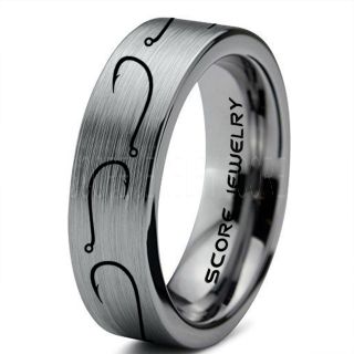 Fishing Ring, Fish Hook Ring, Fisherman Ring, Silver Tungsten Ring, Silver Wedding Band, Hunting Ring, Fish Hooks Wedding Band, Outdoorsman Ring, Fishing Wedding Ring