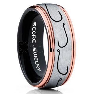 Fishing Ring, Fish Hook Ring, Fisherman Ring, Silver Tungsten Ring, Silver Wedding Band, Hunting Ring, Fish Hooks Wedding Band, Outdoorsman Ring, Fishing Wedding Ring