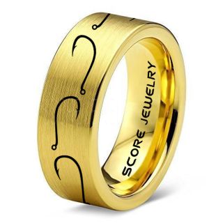 Fishing Ring, Fish Hook Ring, Fisherman Ring, 14K Yellow Gold Tungsten Ring, Yellow Gold Wedding Band, Hunting Ring, Fish Hooks Wedding Band, Outdoorsman Ring, Fishing Wedding Ring