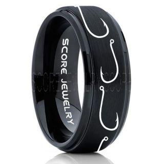 Fishing Ring, Fish Hook Ring, Fisherman Ring, Black Tungsten Ring, Black Wedding Band, Hunting Ring, Fish Hooks Wedding Band, Outdoorsman Ring, Fishing Wedding Ring