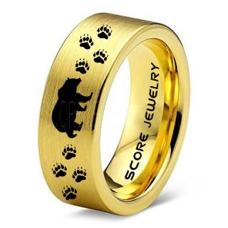 Grizzly Bear Ring, Bear Ring, Bear Paws Ring, Grizzly Bear Jewelry, Hunting Ring, Outdoorsman Ring, Grizzly Bear Jewelry, Bear Jewelry, 14K Yellow Gold Tungsten Band