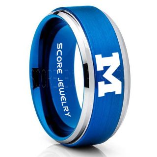 Michigan Wolverines Football Ring, University of Michigan Ring, University of Michigan Jewelry, Michigan Wolverines Football Jewelry, Blue Tungsten Ring