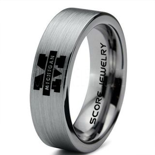 Michigan Wolverines Football Ring, University of Michigan Ring, University of Michigan Jewelry, Michigan Wolverines Football Jewelry, Silver Tungsten Ring
