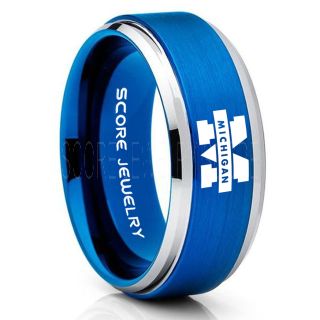 Michigan Wolverines Football Ring, University of Michigan Ring, University of Michigan Jewelry, Michigan Wolverines Football Jewelry, Blue Tungsten Ring