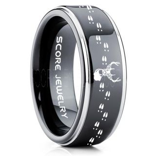 Deer Ring, Deer Wedding Ring, Deer Wedding Band, Deer Tracks Ring, Deer Tracks Black Tungsten Ring, Black Wedding Band, Hunting Ring, Outdoorsman Wedding Band