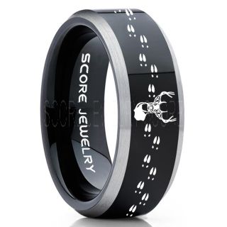 Deer Ring, Deer Wedding Ring, Deer Wedding Band, Deer Tracks Ring, Deer Tracks Black Tungsten Ring, Black Wedding Band, Hunting Ring, Outdoorsman Wedding Band