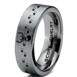Deer Ring, Deer Wedding Ring, Deer Wedding Band, Deer Tracks Ring, Deer Tracks Silver Tungsten Ring, Silver Wedding Band, Hunting Ring, Outdoorsman Wedding Band