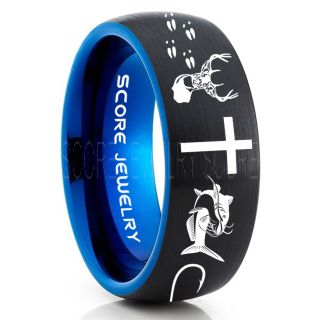 Catfish Ring, Deer Hunting Ring, Catfish Fishing Ring, Fishing Ring, Black Tungsten Ring, Black Wedding Band, Hunting Ring, Fish Hooks Wedding Band, Deer Tracks Ring, Christian Cross Ring